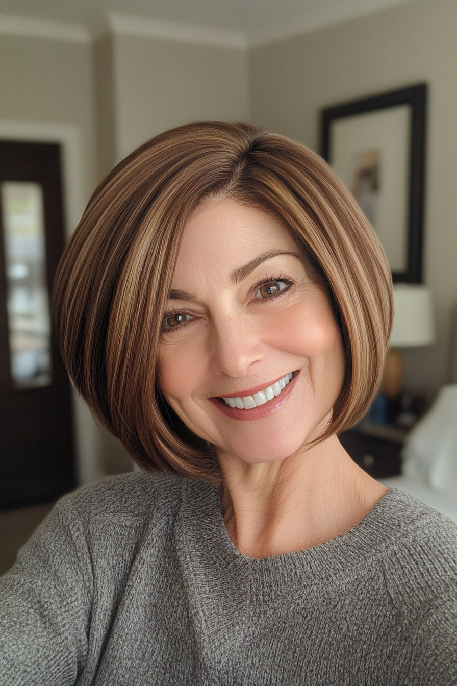 24. Rounded Bob with Dimensional Brunette (Short Bob Hairstyles For Older Women) - Short Bob Hairstyles For Older Women