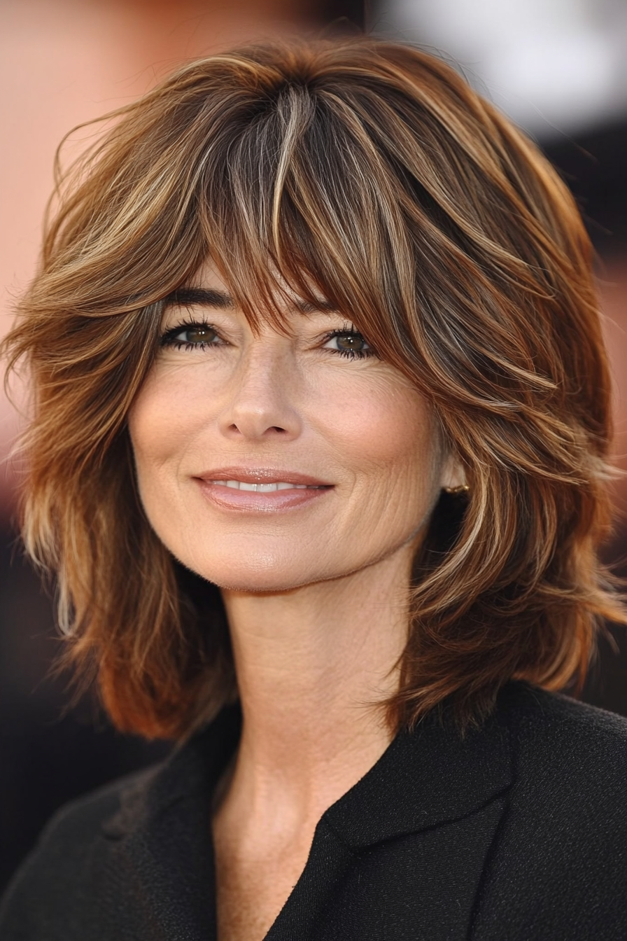 1. Feathered Shag with Curtain Bangs in Warm Chestnut Brown (Short Shag Haircuts With Bangs For Older Women) - Short Shag Haircuts With Bangs For Older Women