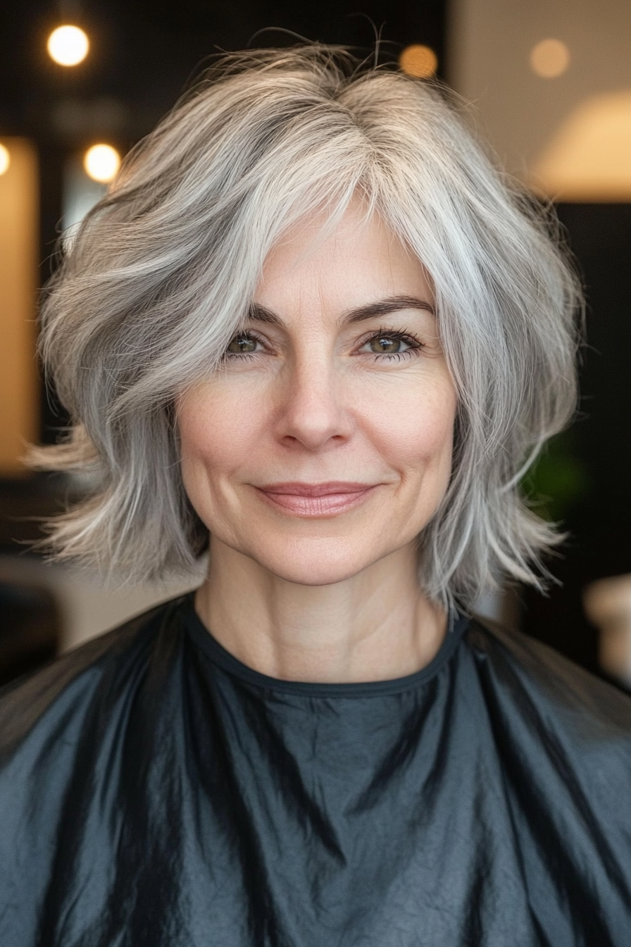 3. Classic Shag with Full Bangs in Natural Gray (Short Shag Haircuts With Bangs For Older Women) - Short Shag Haircuts With Bangs For Older Women