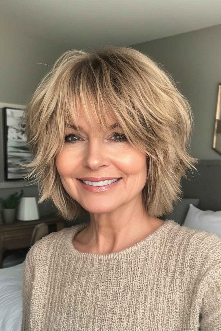4. Short Textured Shag with Wispy Bangs in Golden Blonde (Short Shag Haircuts With Bangs For Older Women) - Short Shag Haircuts With Bangs For Older Women
