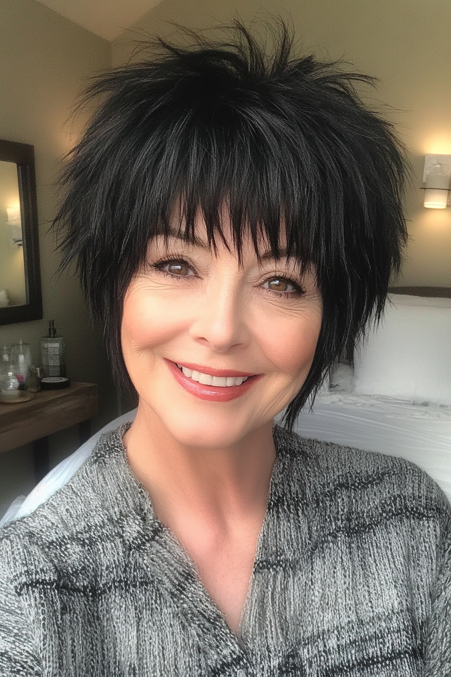 7. Choppy Pixie Shag with Piecey Bangs in Natural Black (Short Shag Haircuts With Bangs For Older Women) - Short Shag Haircuts With Bangs For Older Women