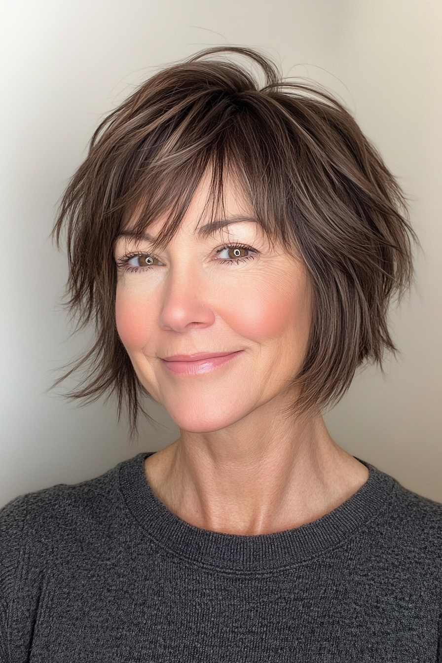 8. Layered Crop Shag with Side Fringe in Cool Medium Brown (Short Shag Haircuts With Bangs For Older Women) - Short Shag Haircuts With Bangs For Older Women