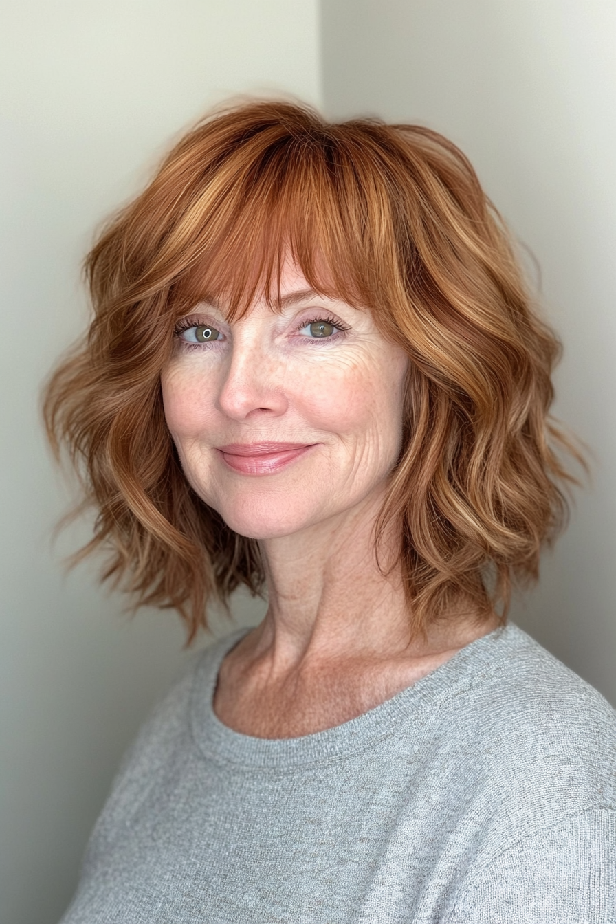 9. Wavy Mini Shag with Soft Bangs in Light Auburn (Short Shag Haircuts With Bangs For Older Women) - Short Shag Haircuts With Bangs For Older Women