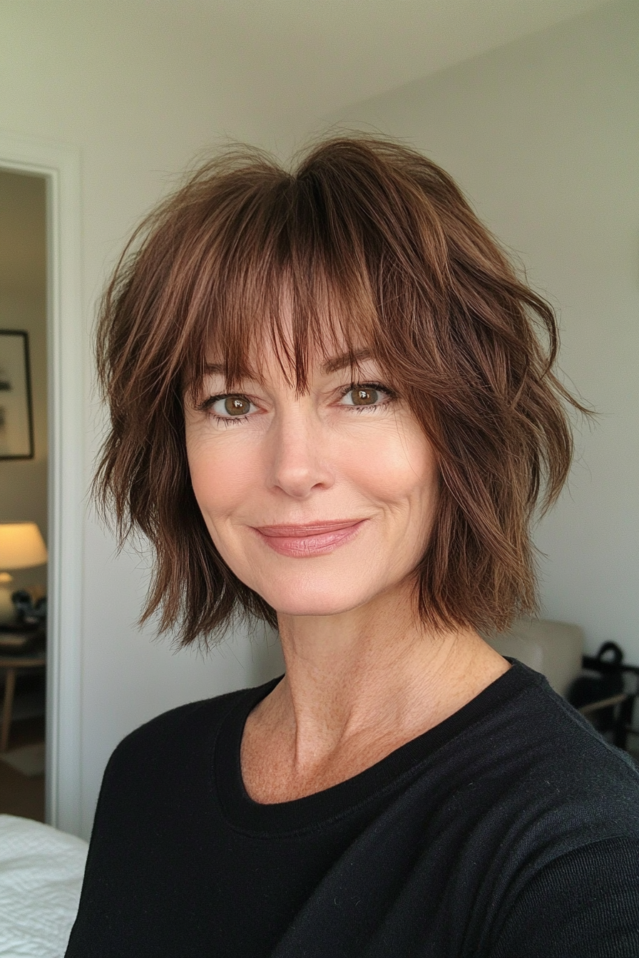 10. Modern Mop Shag with Eyebrow-Grazing Bangs in Dark Chestnut (Short Shag Haircuts With Bangs For Older Women) - Short Shag Haircuts With Bangs For Older Women