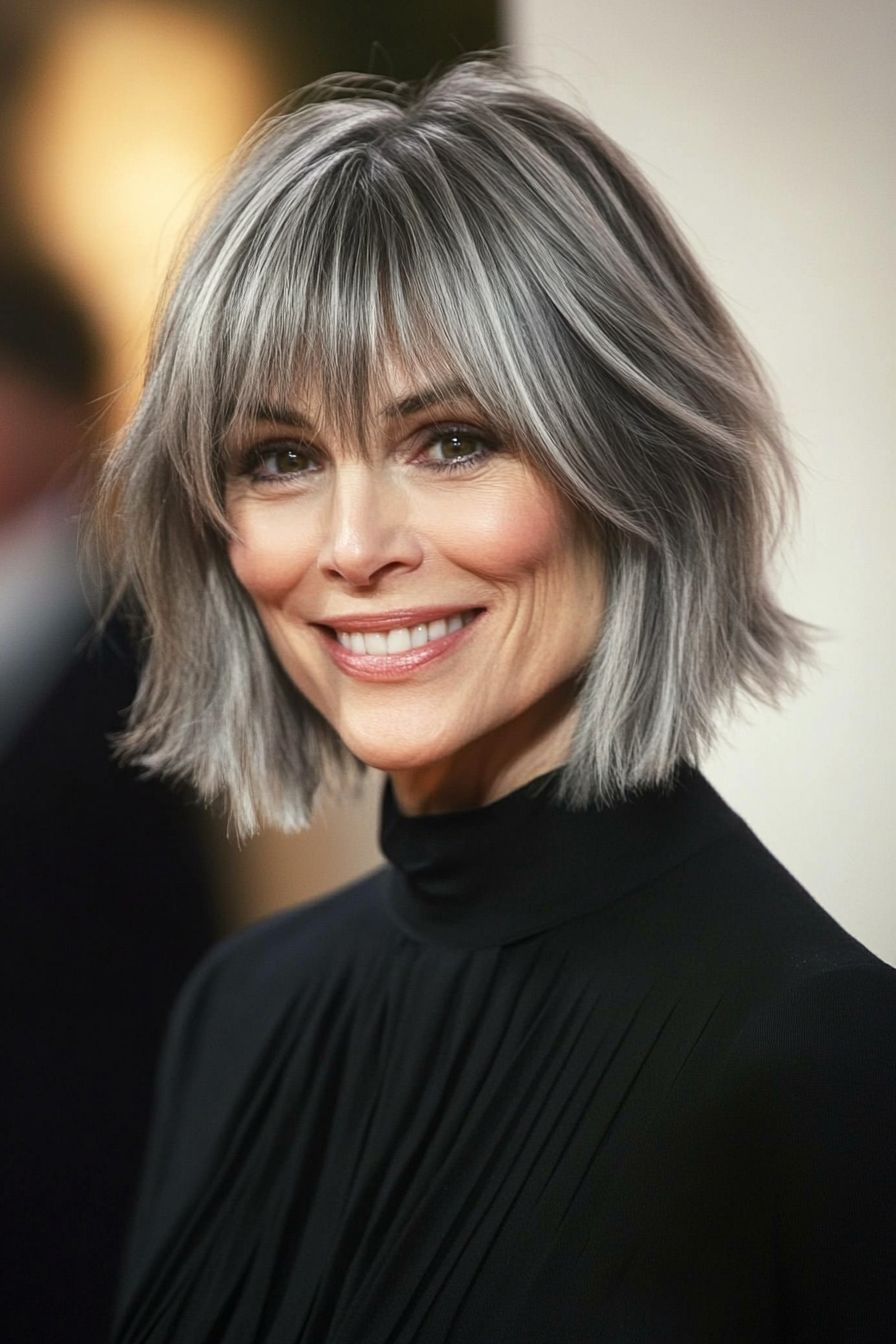 11. Shaggy Bob with Fringe in Natural Salt and Pepper (Short Shag Haircuts With Bangs For Older Women) - Short Shag Haircuts With Bangs For Older Women