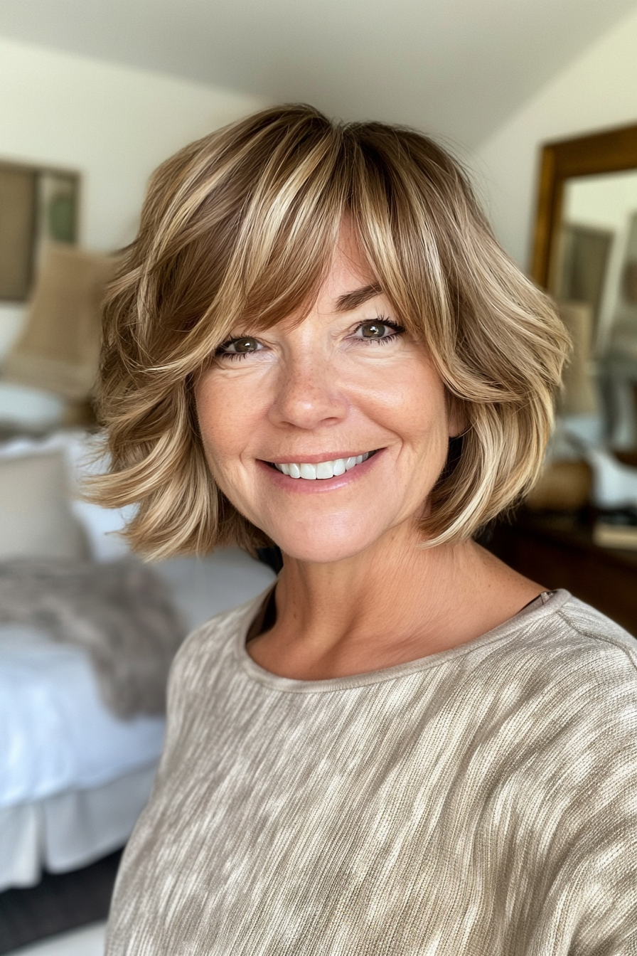 12. Tapered Shag with Swoop Bangs in Light Caramel Brown (Short Shag Haircuts With Bangs For Older Women) - Short Shag Haircuts With Bangs For Older Women
