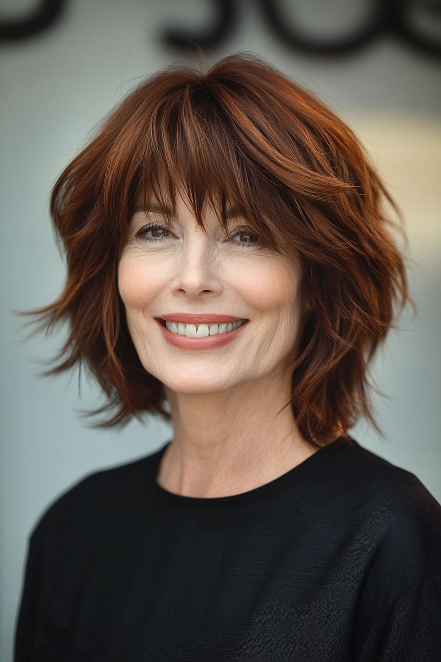 13. Volumized Shag with Textured Bangs in Dark Auburn (Short Shag Haircuts With Bangs For Older Women) - Short Shag Haircuts With Bangs For Older Women