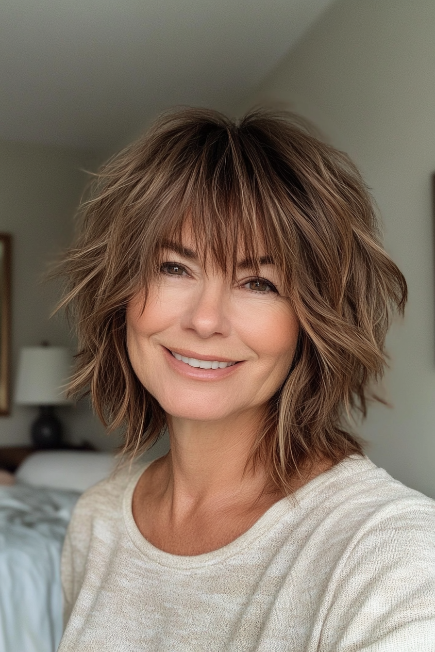 14. Messy Crop Shag with Jagged Bangs in Neutral Brown (Short Shag Haircuts With Bangs For Older Women) - Short Shag Haircuts With Bangs For Older Women