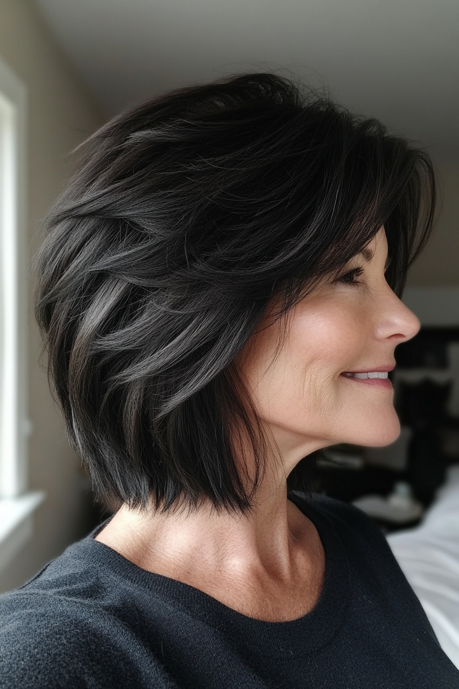 15. Short Razor Shag with Feathered Bangs in Soft Black (Short Shag Haircuts With Bangs For Older Women) - Short Shag Haircuts With Bangs For Older Women