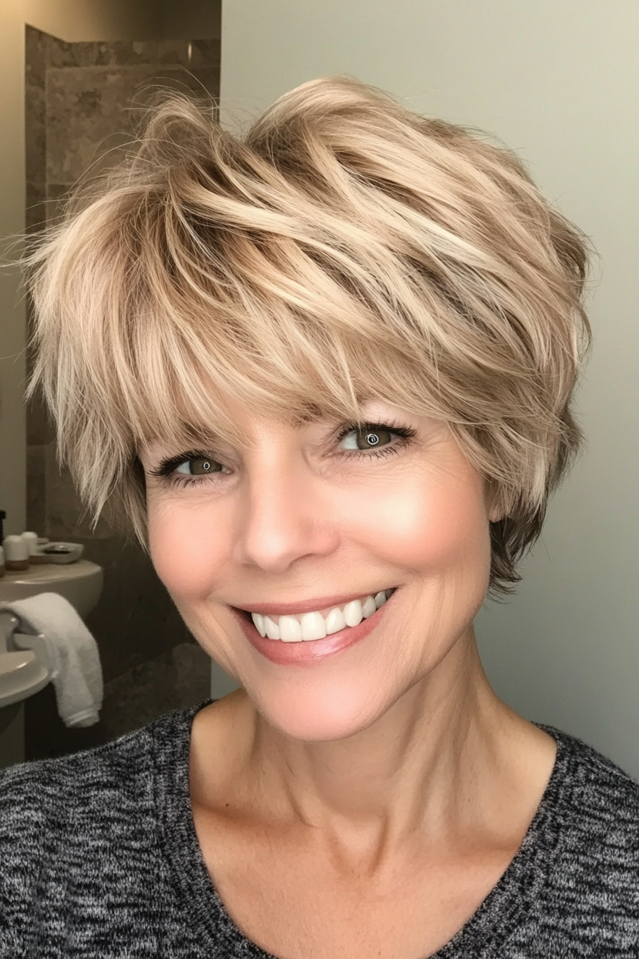 16. Fringed Pixie Shag in Warm Honey Blonde (Short Shag Haircuts With Bangs For Older Women) - Short Shag Haircuts With Bangs For Older Women