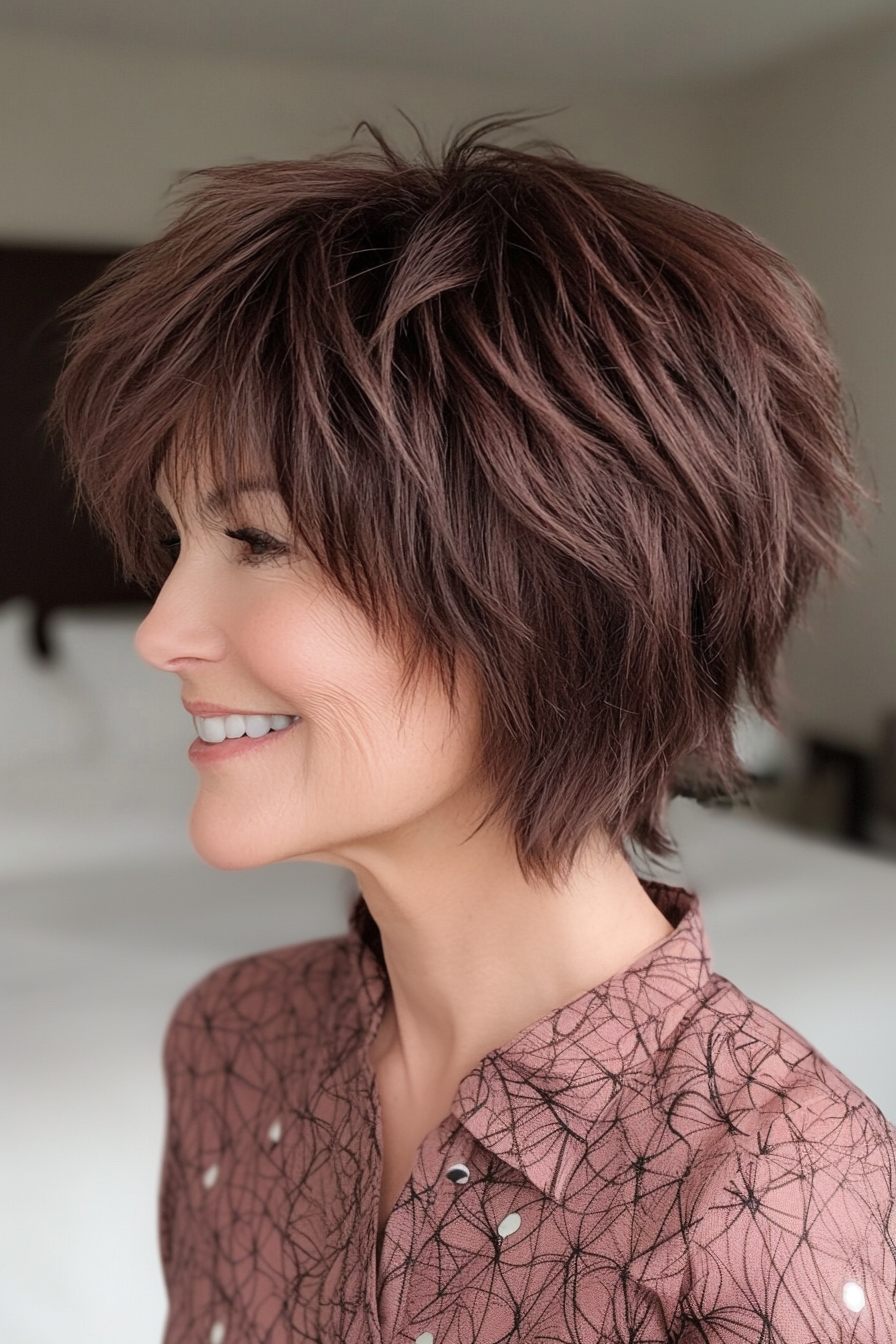 18. Textured Bowl Shag with Tapered Ends in Medium Mahogany Brown (Short Shag Haircuts With Bangs For Older Women) - Short Shag Haircuts With Bangs For Older Women