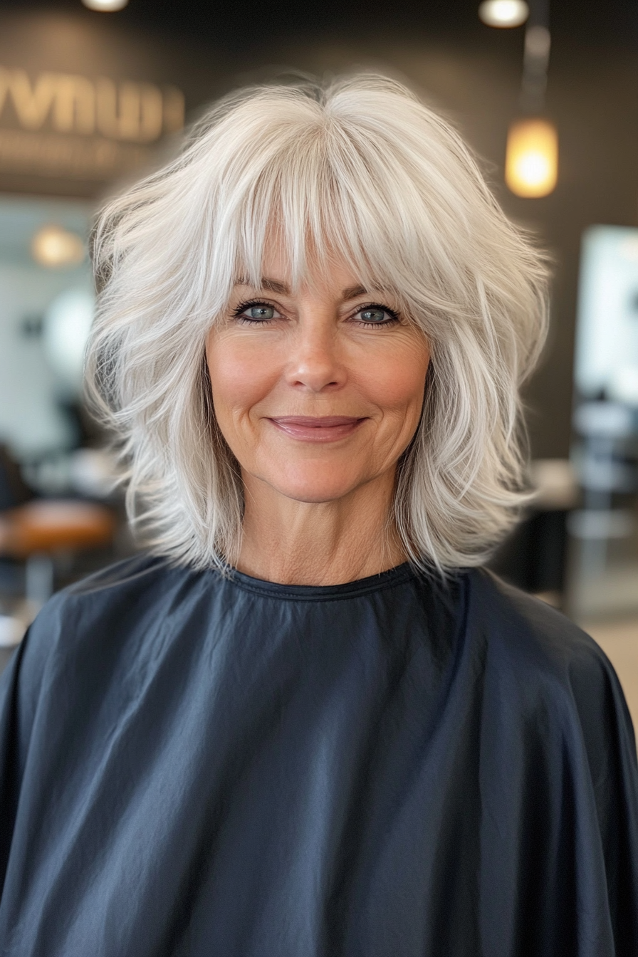 19. Fluffy Shag with Soft Layers in Natural Silver (Short Shag Haircuts With Bangs For Older Women) - Short Shag Haircuts With Bangs For Older Women