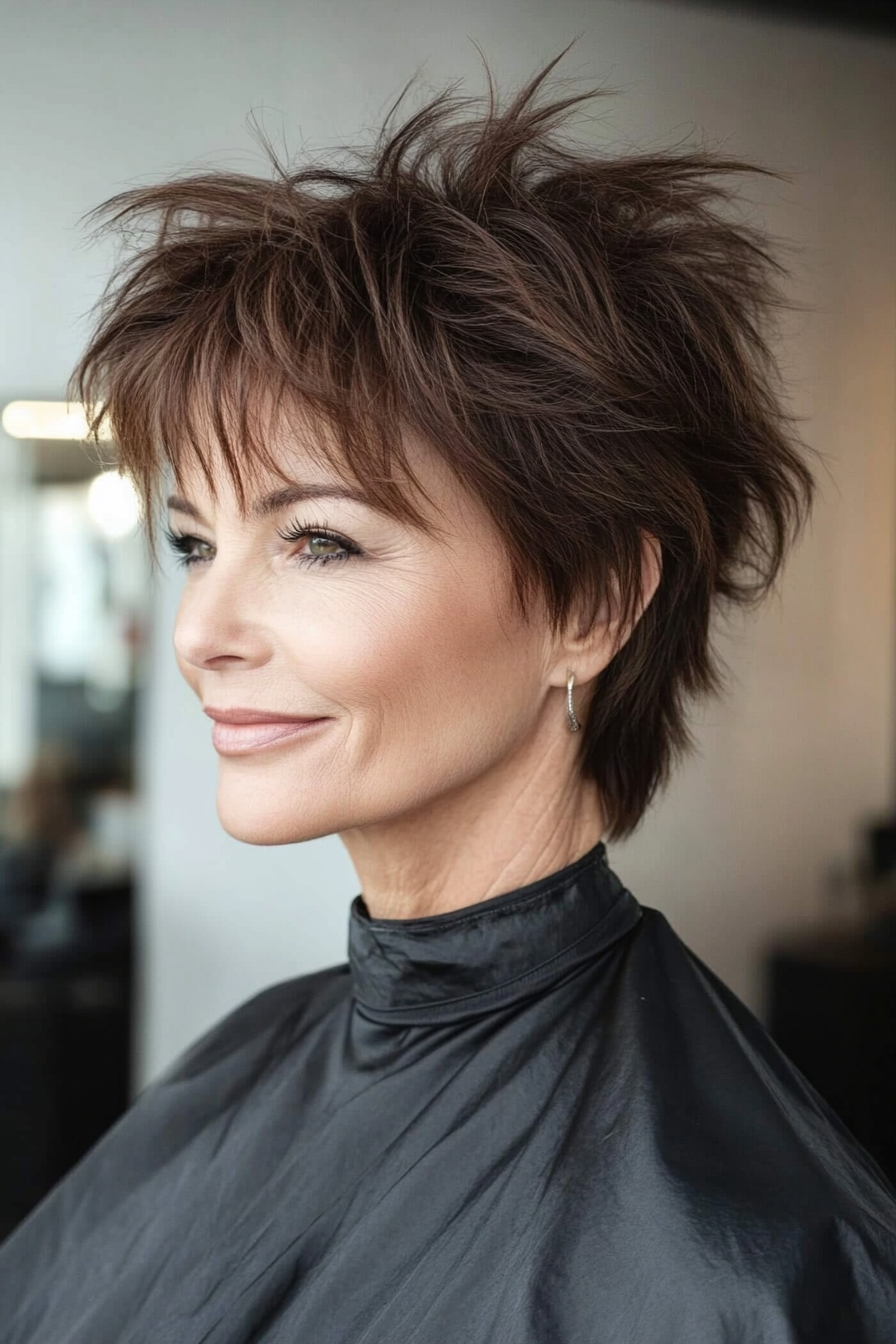 20. Mini Mullet Shag with Curtain Fringe in Earthy Brown (Short Shag Haircuts With Bangs For Older Women) - Short Shag Haircuts With Bangs For Older Women