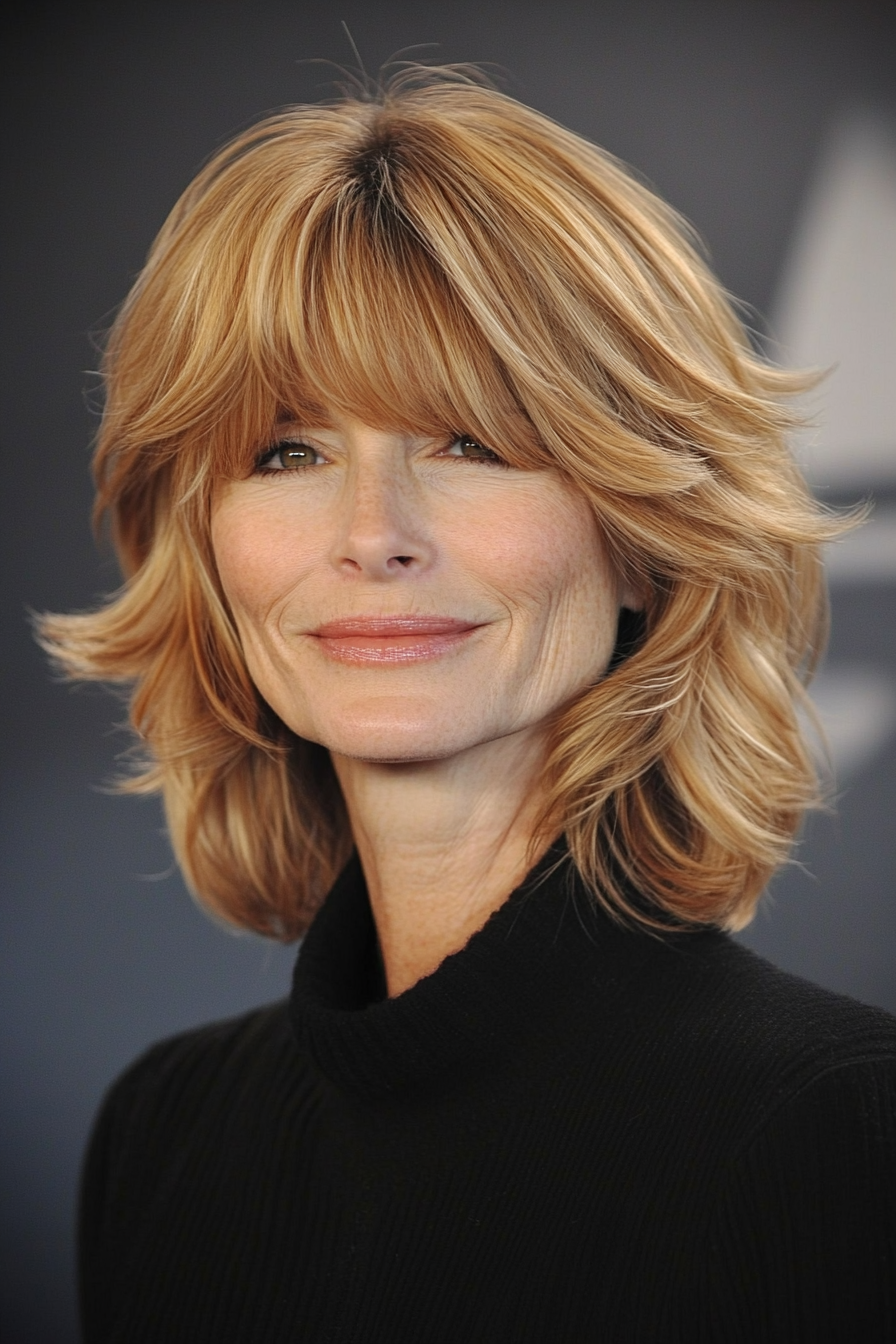 21. Sculpted Shag Cut with Long Bangs in Strawberry Blonde (Short Shag Haircuts With Bangs For Older Women) - Short Shag Haircuts With Bangs For Older Women