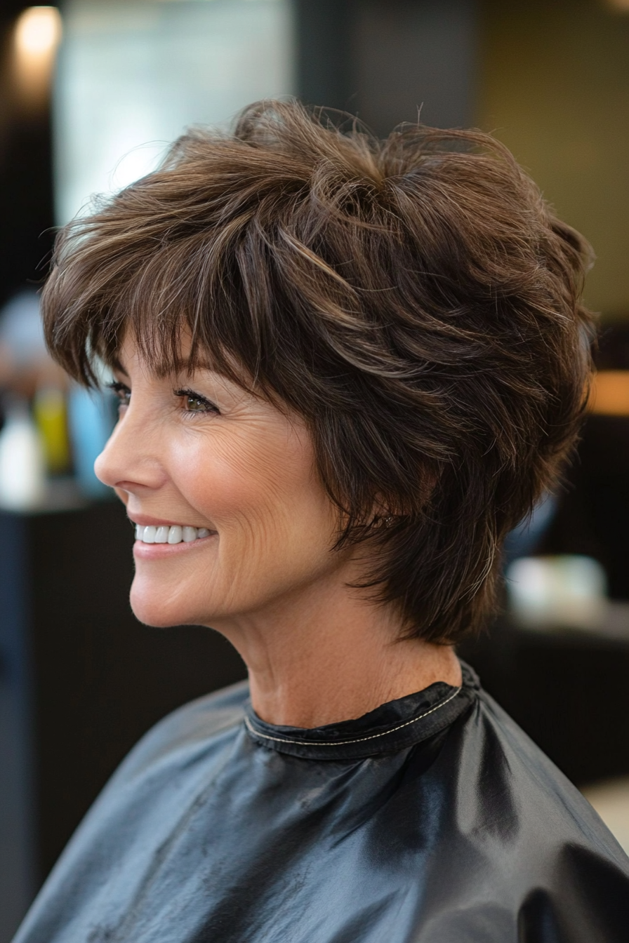 22. Low-Maintenance Shag with Choppy Fringe in Dark Brown (Short Shag Haircuts With Bangs For Older Women) - Short Shag Haircuts With Bangs For Older Women