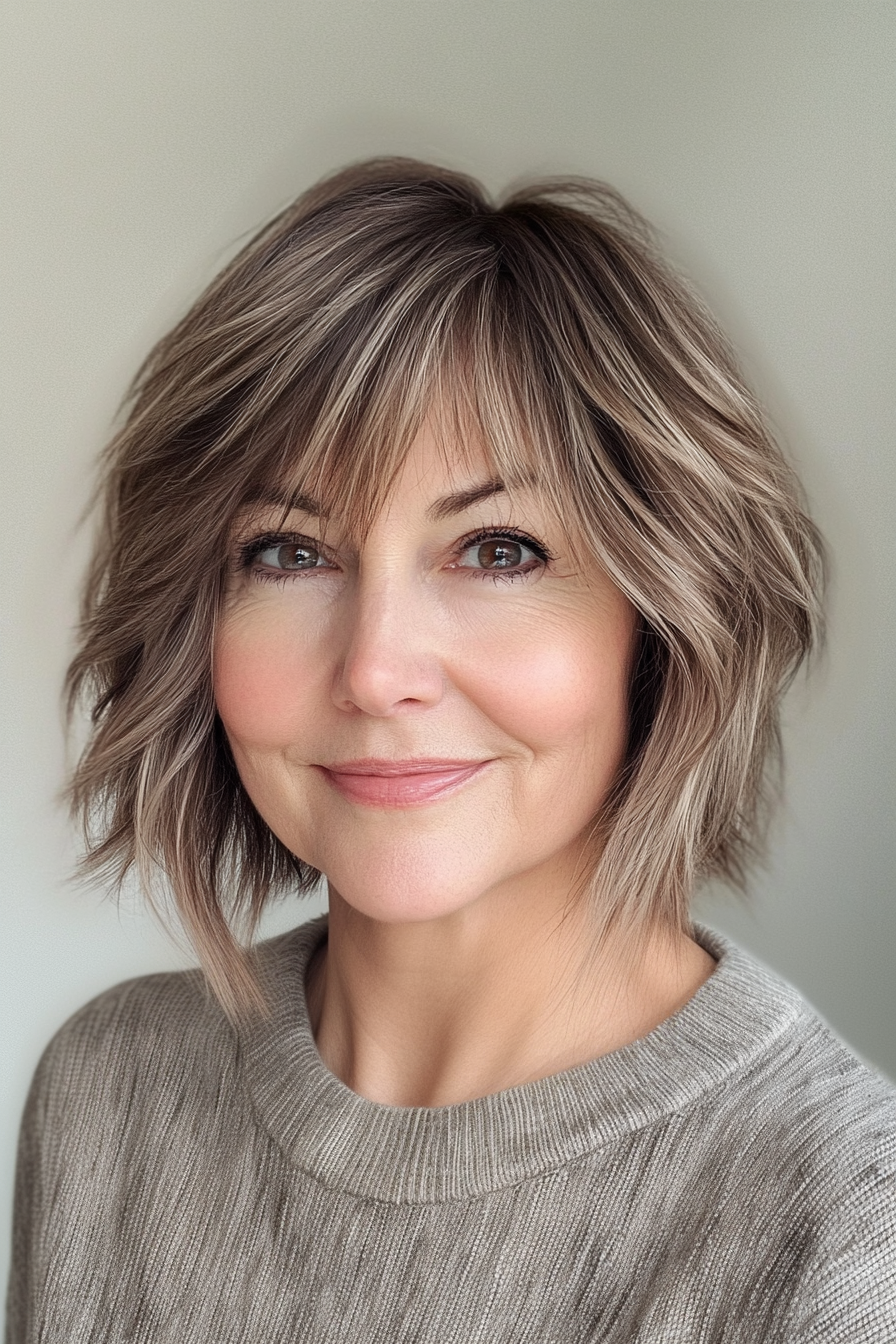23. Angled Shag with Sliced Bangs in Light Ash Brown (Short Shag Haircuts With Bangs For Older Women) - Short Shag Haircuts With Bangs For Older Women