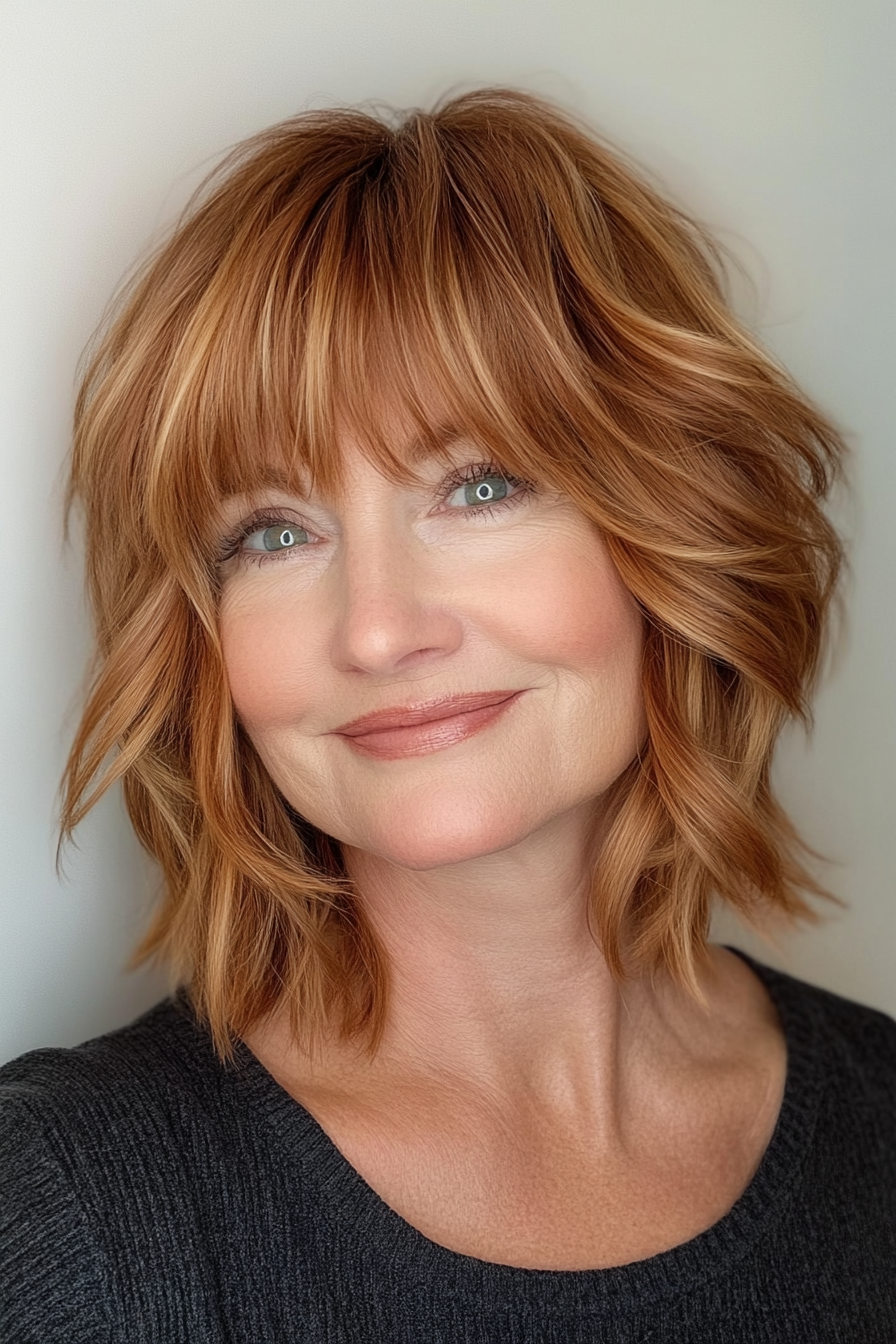 24. Petite Shag with Flicked Ends in Golden Brunette (Short Shag Haircuts With Bangs For Older Women) - Short Shag Haircuts With Bangs For Older Women
