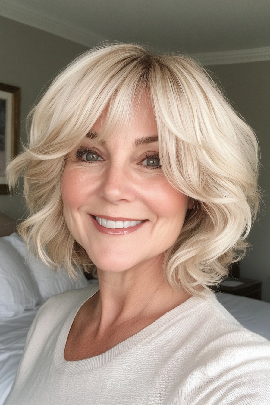 25. Wavy Crop Shag with Soft Curtain Bangs in Natural Beige Blonde (Short Shag Haircuts With Bangs For Older Women) - Short Shag Haircuts With Bangs For Older Women