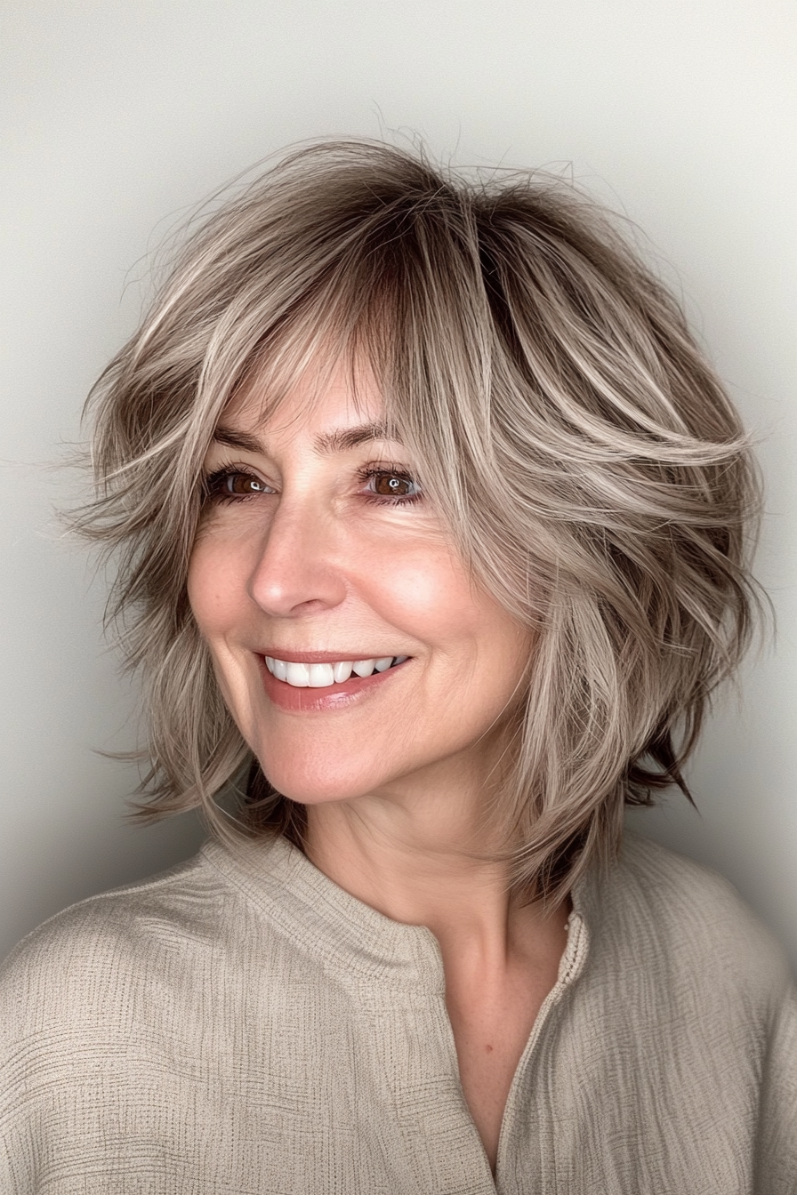 26. Short Shaggy Layers with Brow-Skimming Bangs in Cool Taupe Brown (Short Shag Haircuts With Bangs For Older Women) - Short Shag Haircuts With Bangs For Older Women