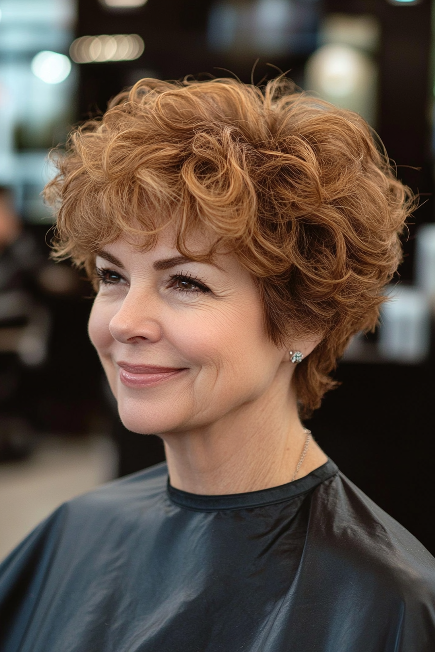 4. Warm Caramel Curls with Soft Undercut (Short Curly Haircuts For Women Over 60) - Short Curly Haircuts For Women Over 60