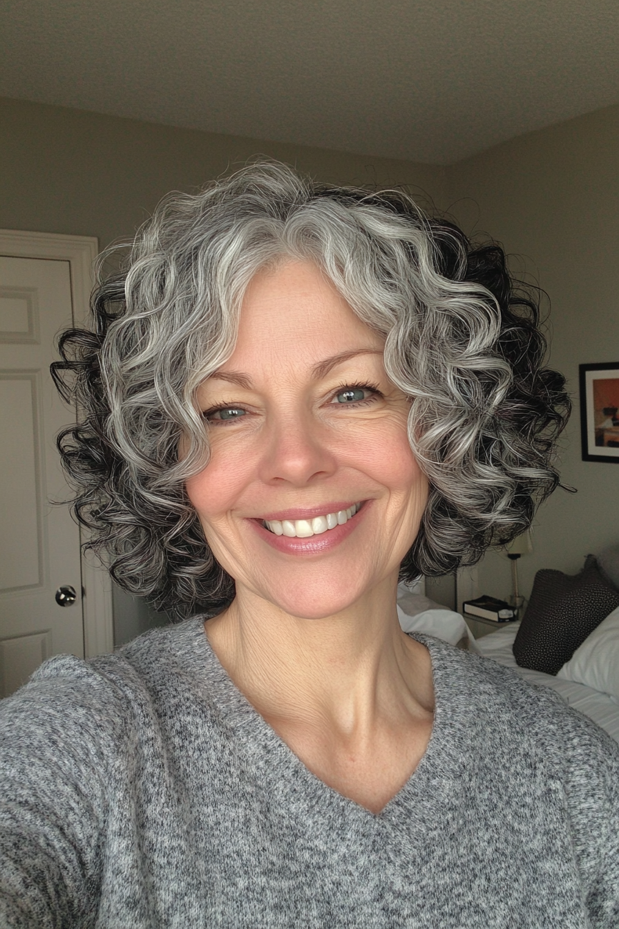 6. Rounded Curly Bob in Salt and Pepper (Short Curly Haircuts For Women Over 60) - Short Curly Haircuts For Women Over 60