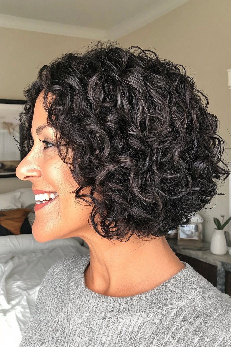 8. Textured Curly Lob in Natural Black (Short Curly Haircuts For Women Over 60) - Short Curly Haircuts For Women Over 60