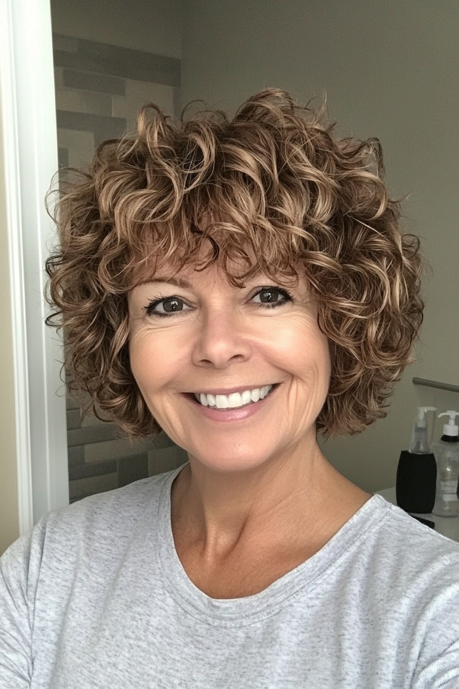 9. Short Feathered Curls in Honey Brown (Short Curly Haircuts For Women Over 60) - Short Curly Haircuts For Women Over 60
