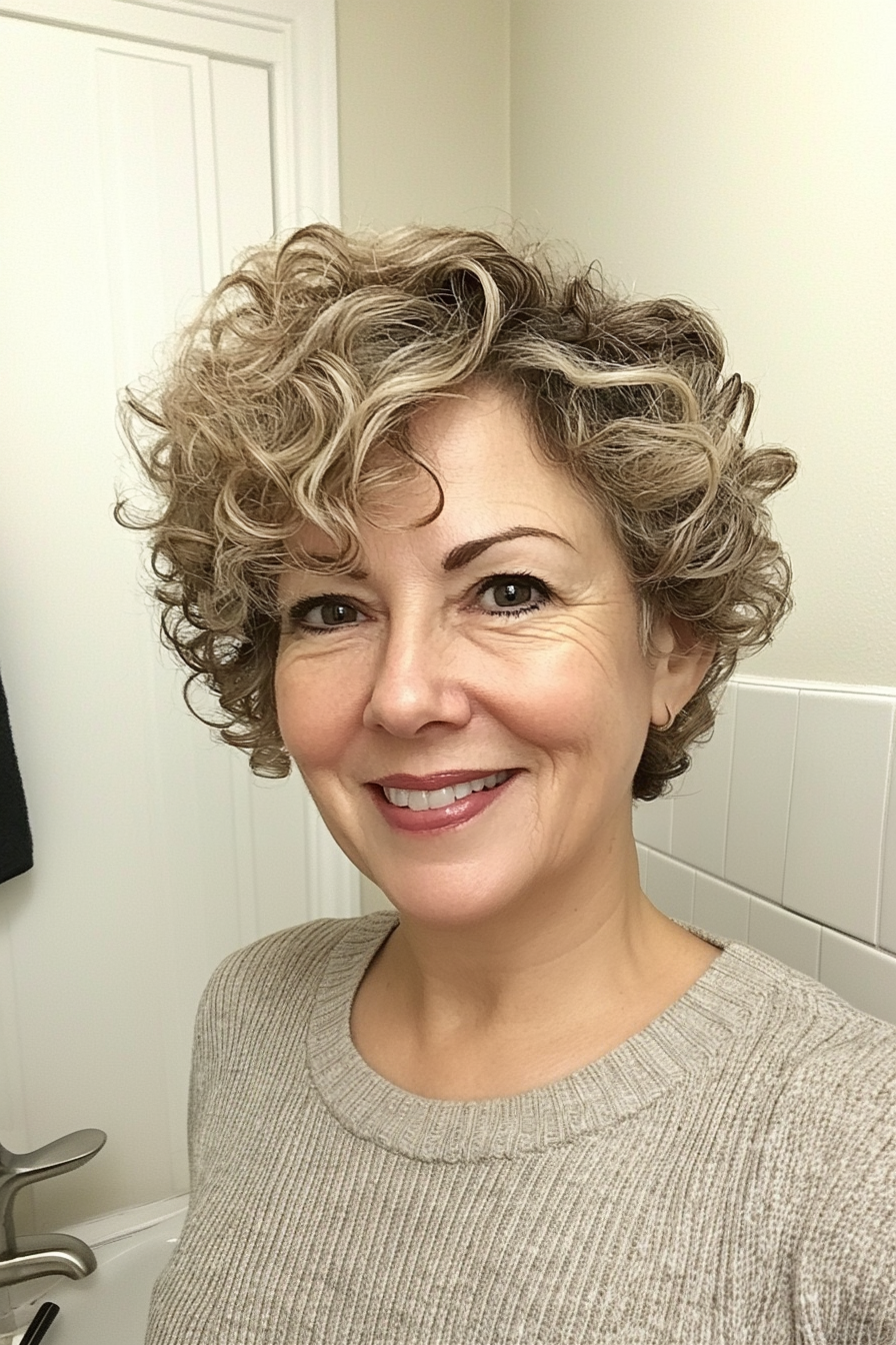 10. Side-Parted Curly Crop in Dark Blonde (Short Curly Haircuts For Women Over 60) - Short Curly Haircuts For Women Over 60