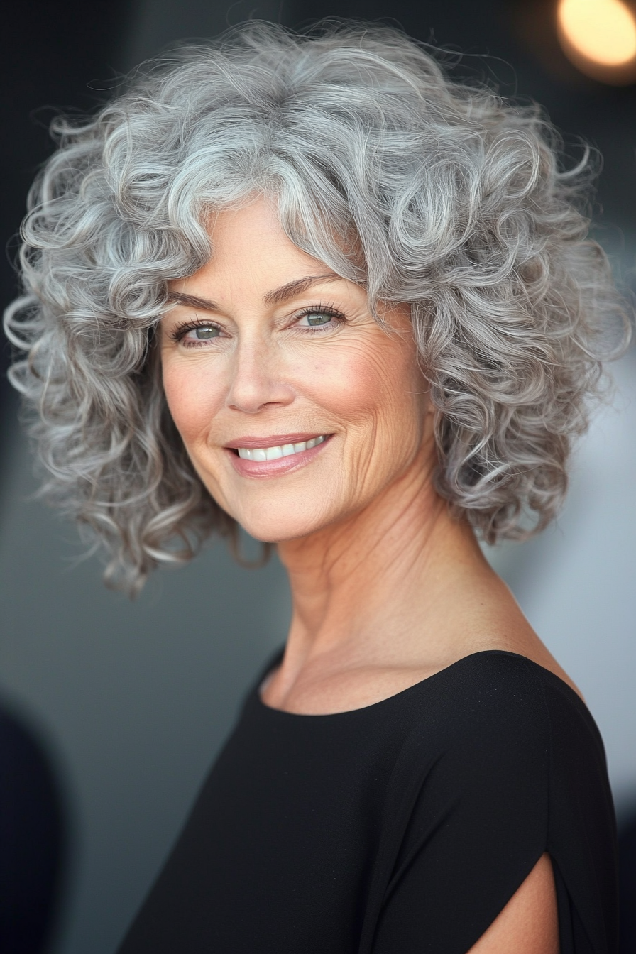 13. Voluminous Curls with Stacked Back in Light Ash Gray (Short Curly Haircuts For Women Over 60) - Short Curly Haircuts For Women Over 60