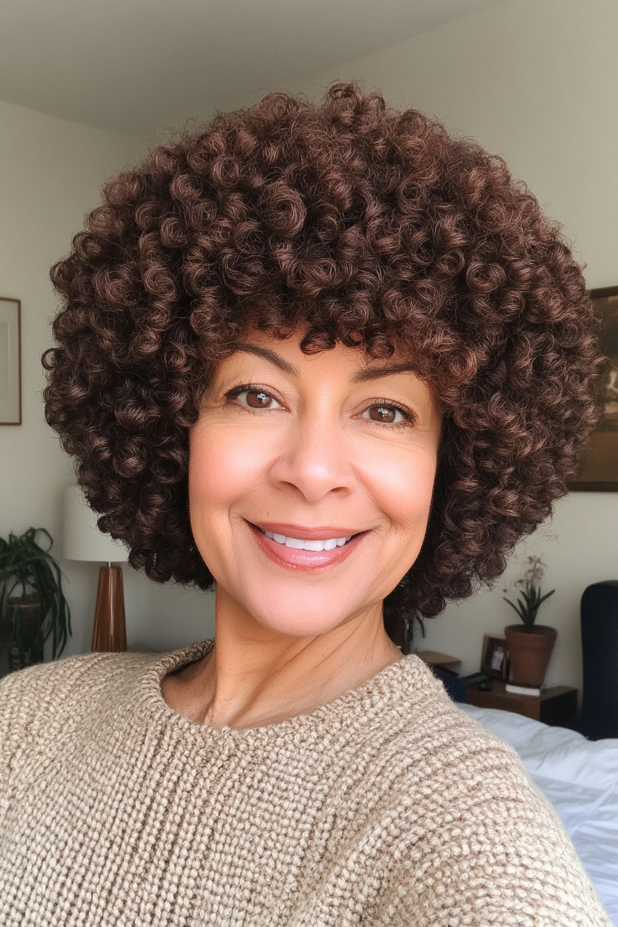 15. Mini Curly Afro in Medium Brown (Short Curly Haircuts For Women Over 60) - Short Curly Haircuts For Women Over 60