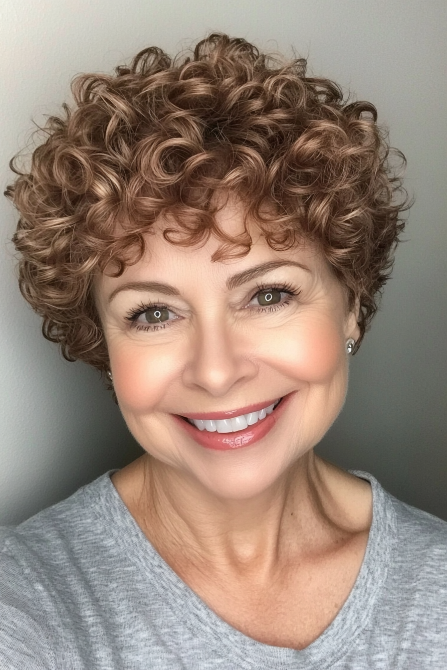 17. Soft Pixie Curls in Light Chestnut (Short Curly Haircuts For Women Over 60) - Short Curly Haircuts For Women Over 60