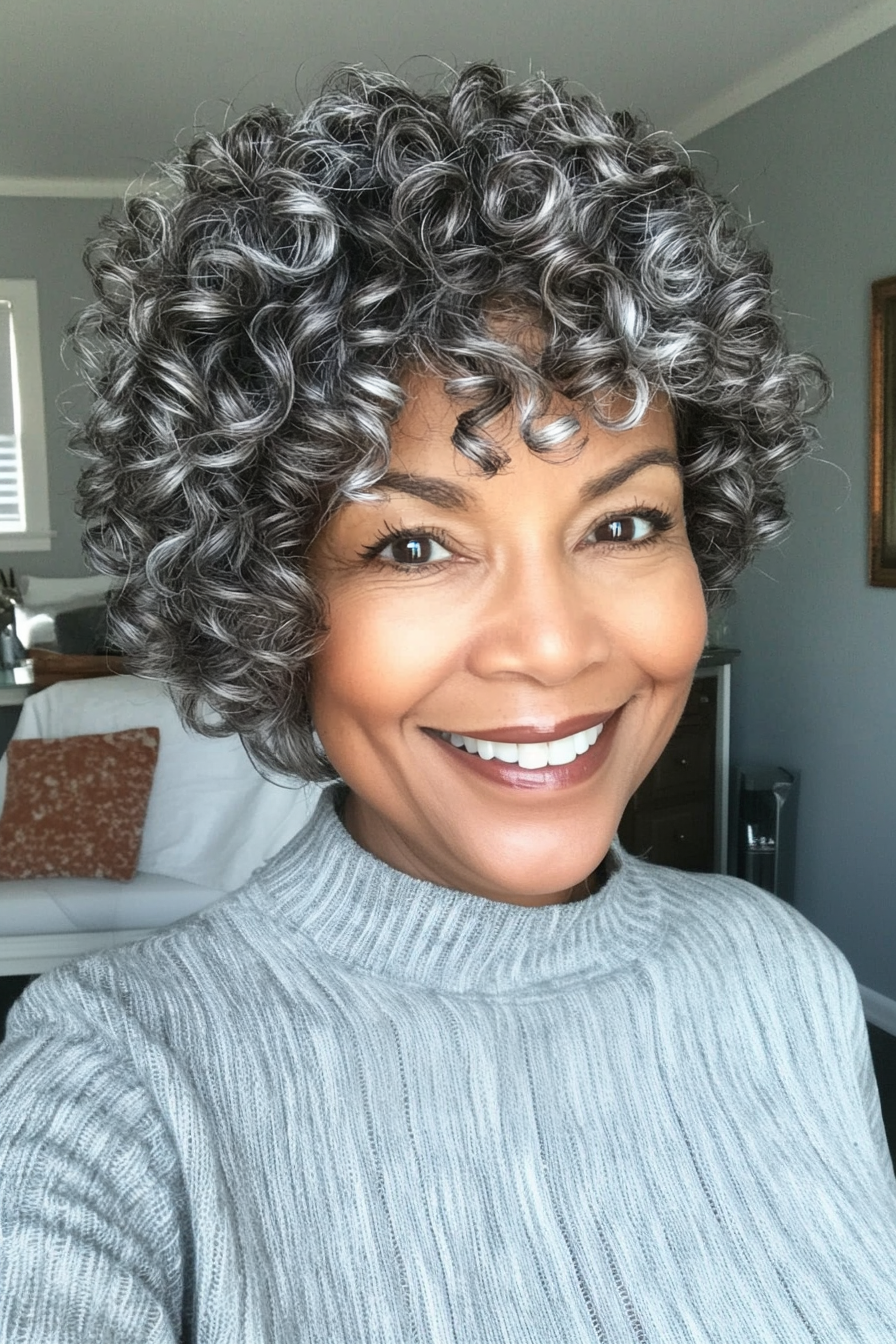 18. Layered Coils in Ash Brown with Silver Accents (Short Curly Haircuts For Women Over 60) - Short Curly Haircuts For Women Over 60