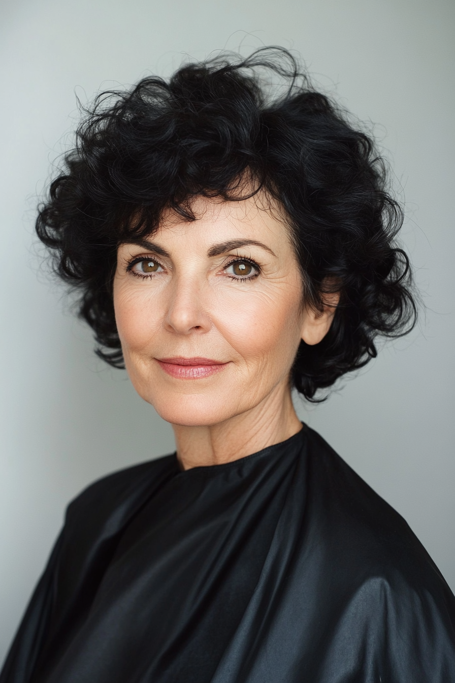 20. Ear-Length Curly Cut in Classic Black (Short Curly Haircuts For Women Over 60) - Short Curly Haircuts For Women Over 60