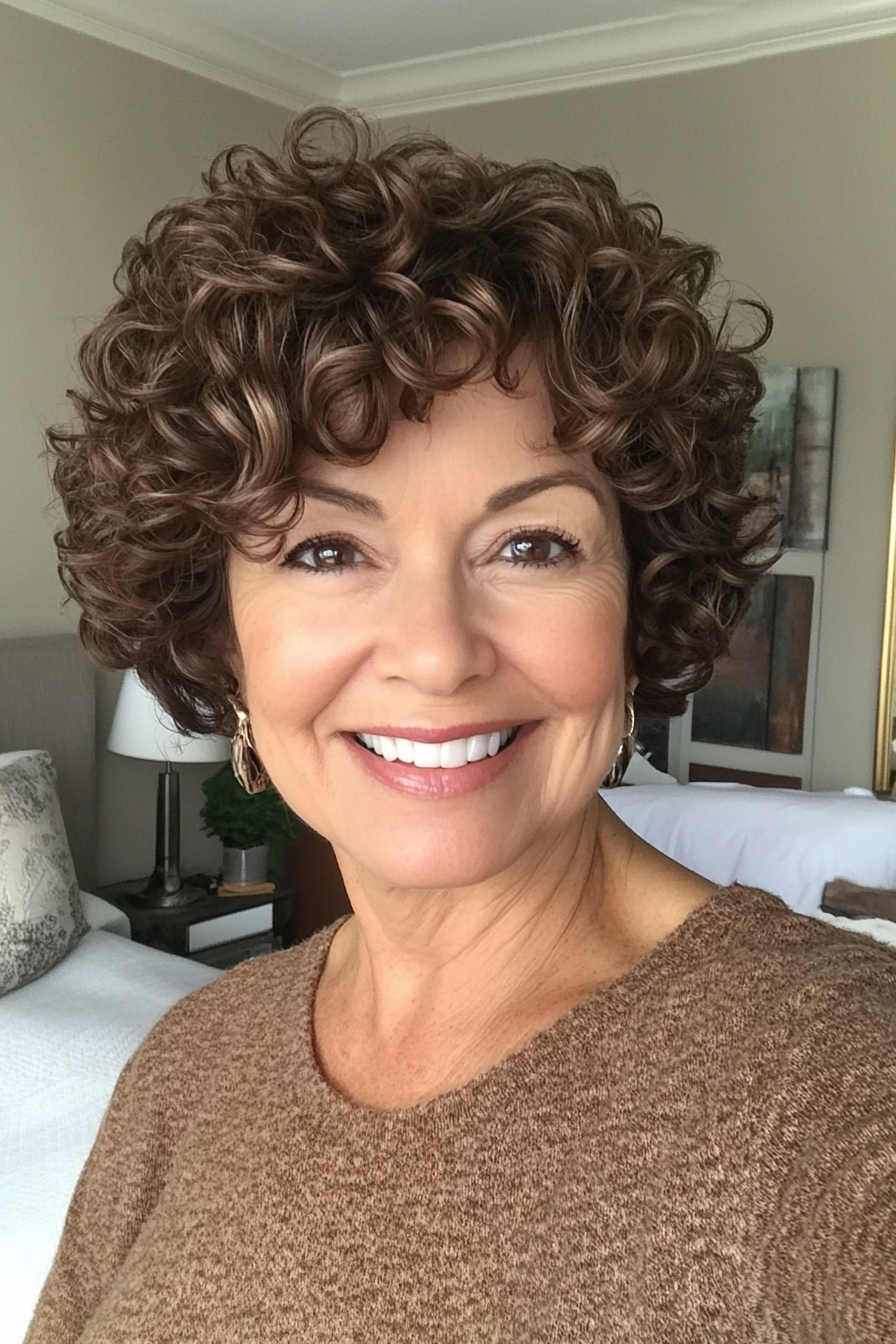 21. Chin-Length Curly Layers in Warm Mocha (Short Curly Haircuts For Women Over 60) - Short Curly Haircuts For Women Over 60