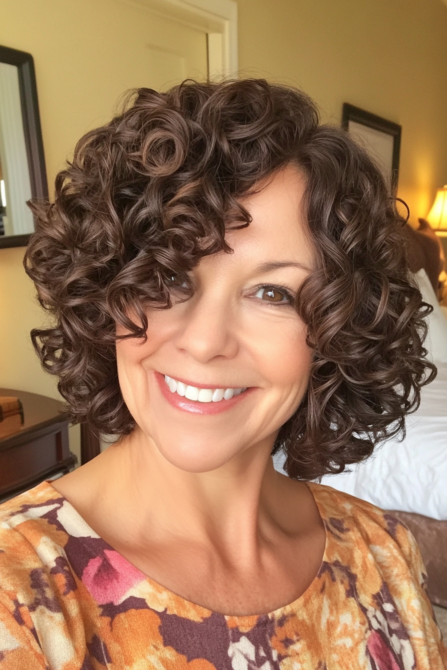 23. Side-Swept Curly Bob in Dark Mahogany (Short Curly Haircuts For Women Over 60) - Short Curly Haircuts For Women Over 60