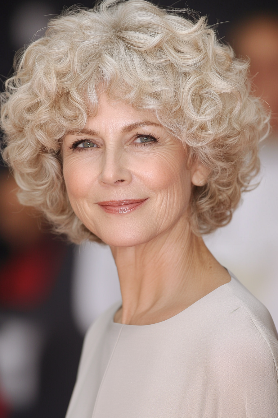 24. Classic Crop with Loose Curls in Beige Blonde (Short Curly Haircuts For Women Over 60) - Short Curly Haircuts For Women Over 60