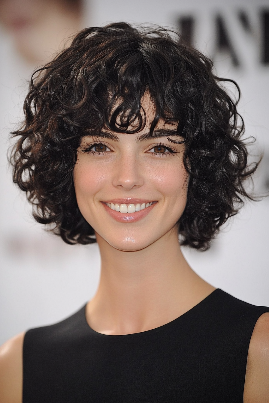 8. Curly Bob with Curtain Bangs in Soft Black (Short Curly Hairstyles For Women) - Short Curly Hairstyles For Women
