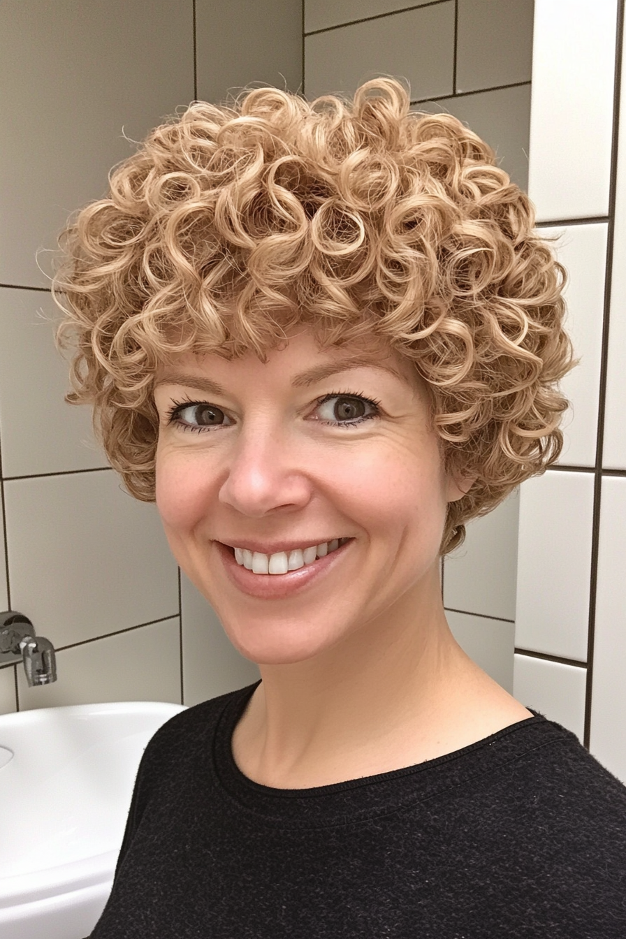 9. Curly Bowl Cut in Sandy Blonde (Short Curly Hairstyles For Women) - Short Curly Hairstyles For Women