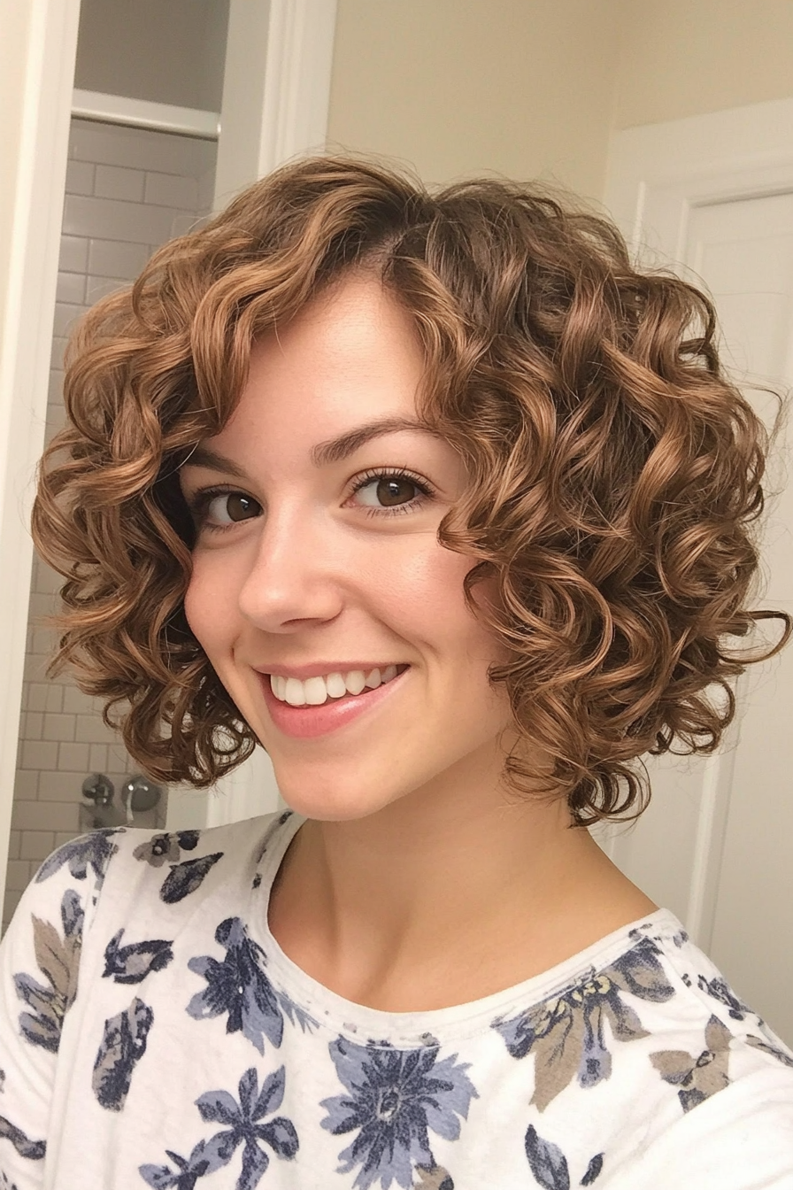 11. Angled Curly Bob in Honey Brown (Short Curly Hairstyles For Women) - Short Curly Hairstyles For Women