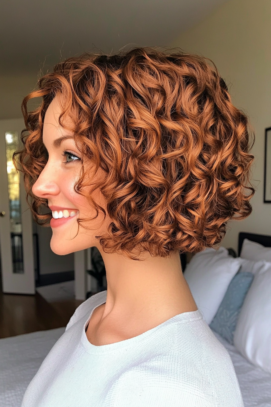 13. Ear-Length Curly Bob in Soft Copper Brown (Short Curly Hairstyles For Women) - Short Curly Hairstyles For Women