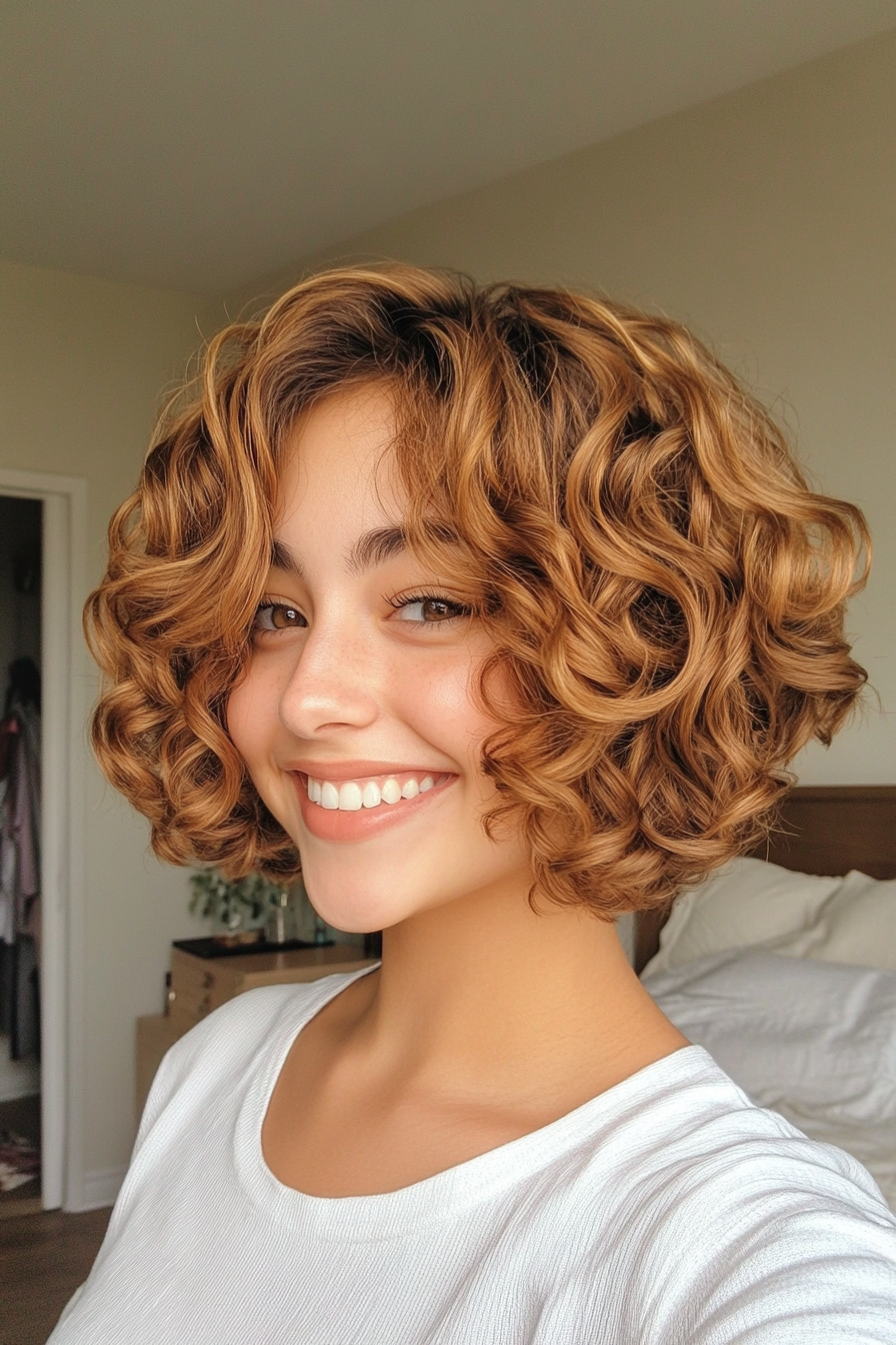 16. Classic Curly Bob in Golden Brown (Short Curly Hairstyles For Women) - Short Curly Hairstyles For Women