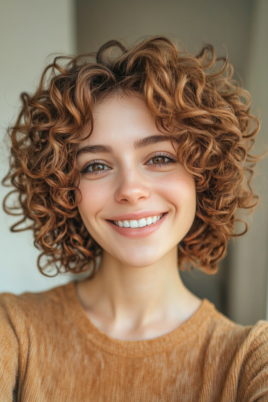 18. Feathered Curly Layers in Warm Caramel Brown (Short Curly Hairstyles For Women) - Short Curly Hairstyles For Women