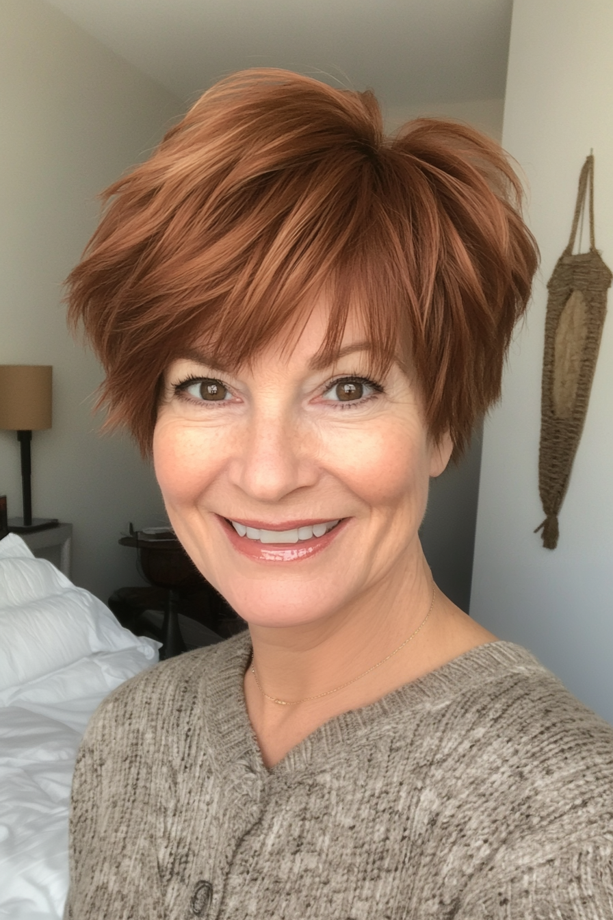 3. Warm Chestnut Choppy Crop (Short Layered Haircuts For Women Over 60) - Short Layered Haircuts For Women Over 60
