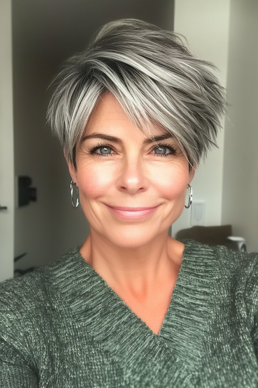 7. Soft Salt and Pepper Textured Crop (Short Layered Haircuts For Women Over 60) - Short Layered Haircuts For Women Over 60