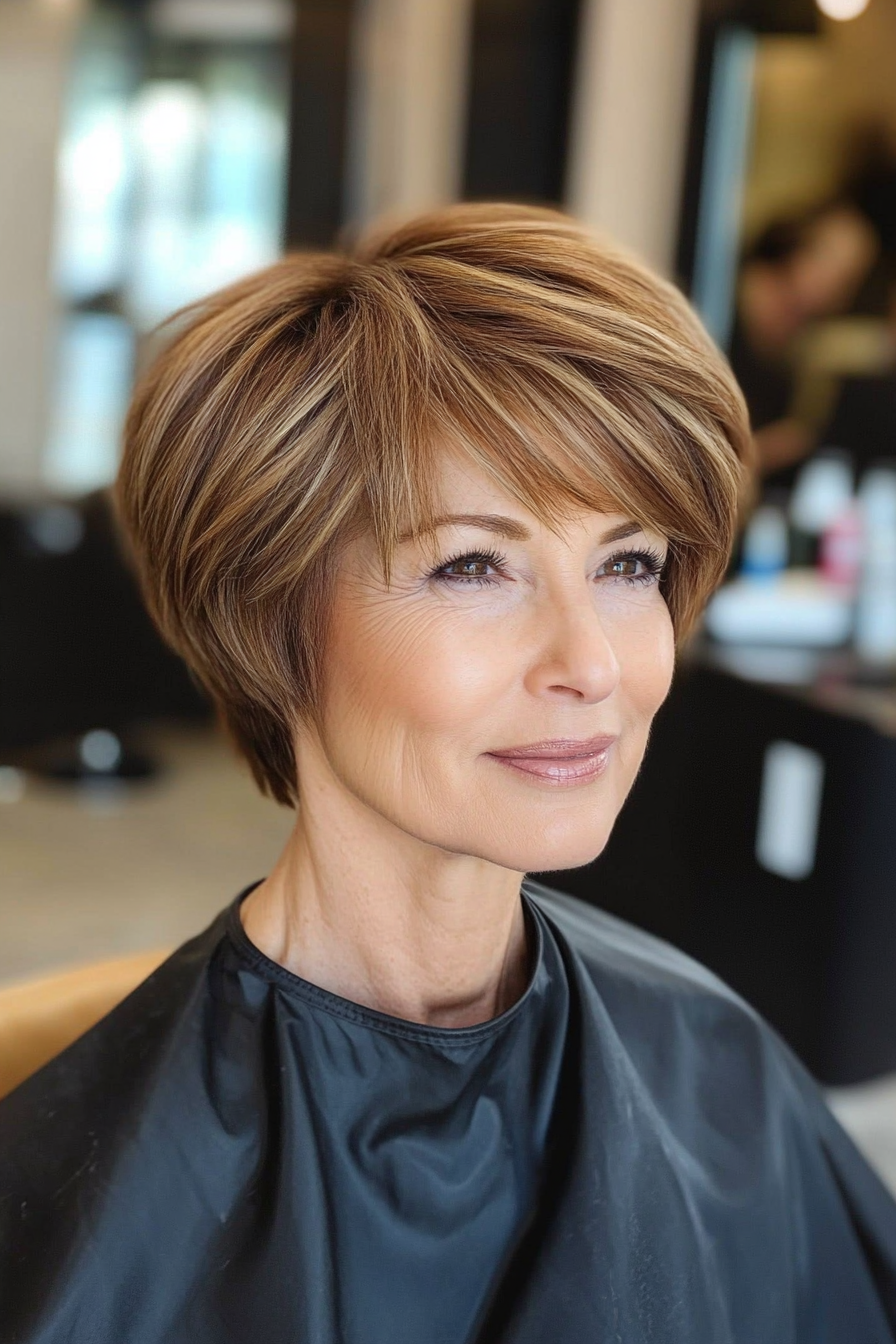 8. Caramel Brown Layered Side-Swept Pixie (Short Layered Haircuts For Women Over 60) - Short Layered Haircuts For Women Over 60