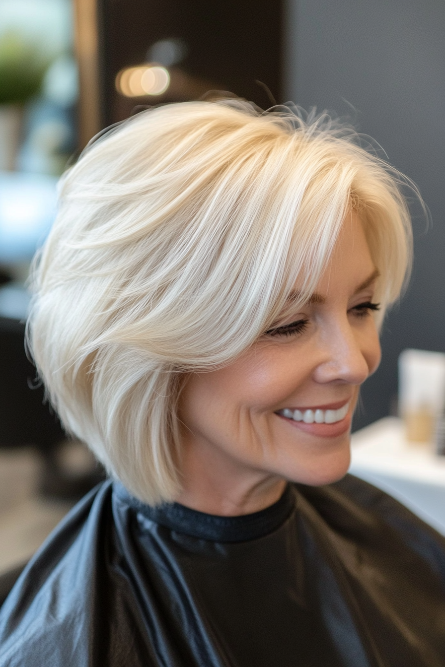 9. Pearl Blonde Angled Bob with Graduated Layers (Short Layered Haircuts For Women Over 60) - Short Layered Haircuts For Women Over 60