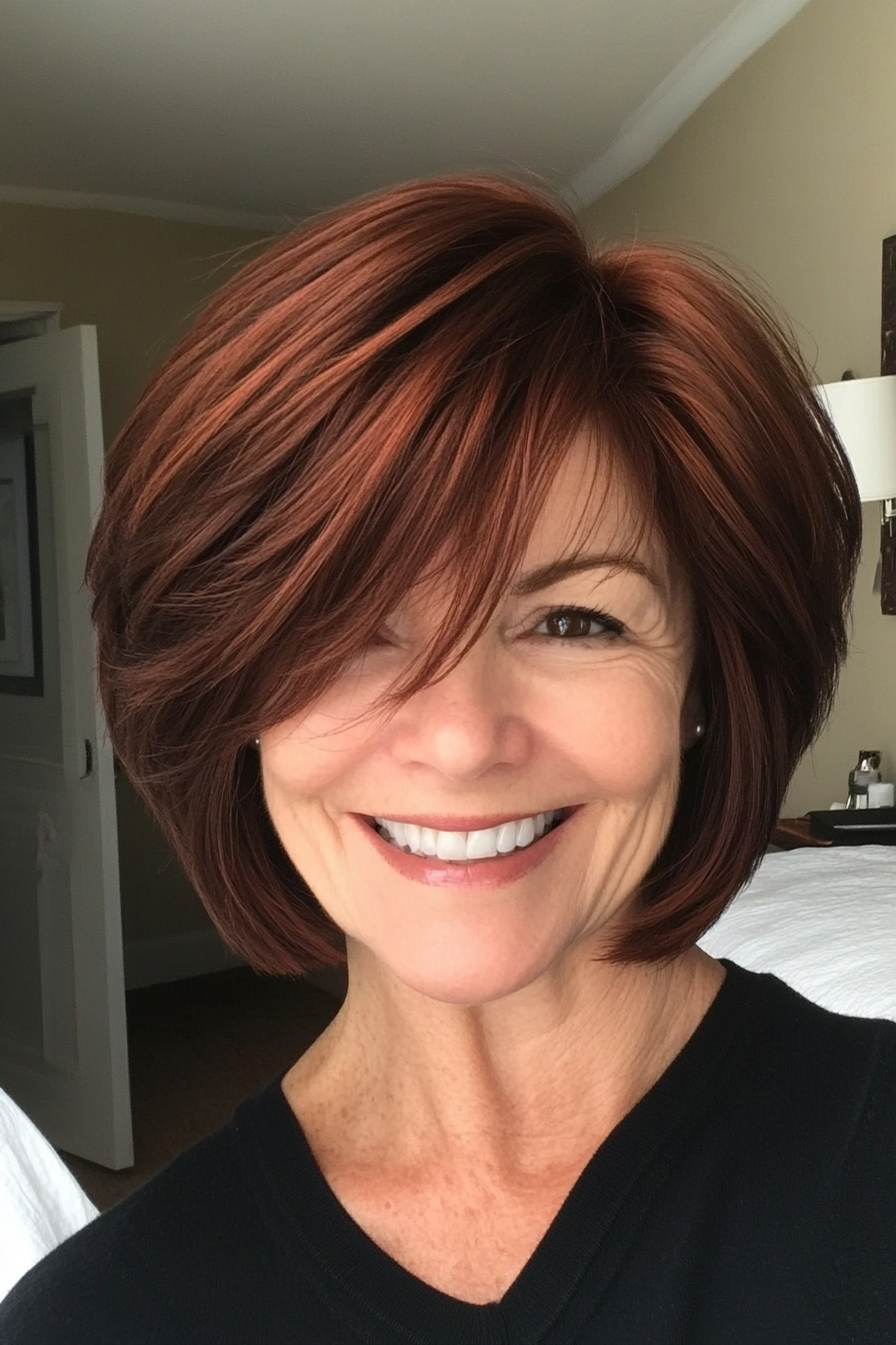 10. Dark Auburn Stacked Bob with Wispy Layers (Short Layered Haircuts For Women Over 60) - Short Layered Haircuts For Women Over 60