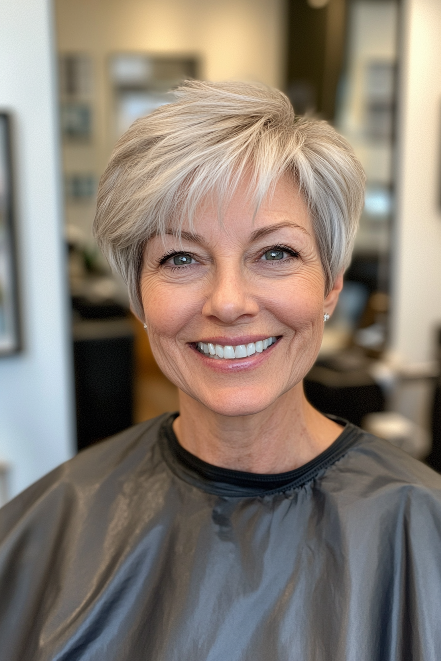 11. Light Ash Gray Layered Crop with Volume Crown (Short Layered Haircuts For Women Over 60) - Short Layered Haircuts For Women Over 60