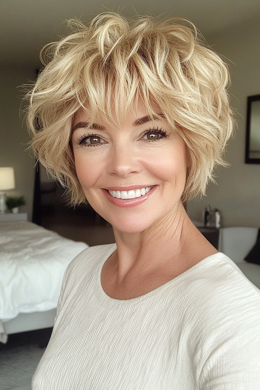 12. Golden Blonde Tousled Pixie with Fringe Layers (Short Layered Haircuts For Women Over 60) - Short Layered Haircuts For Women Over 60