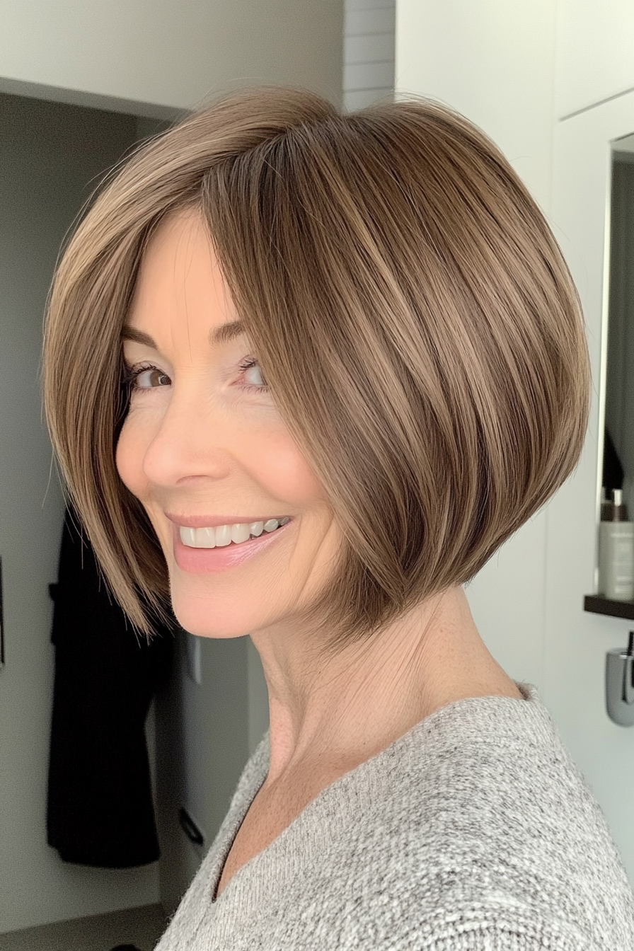 13. Medium Brown Inverted Bob with Face-Framing Layers (Short Layered Haircuts For Women Over 60) - Short Layered Haircuts For Women Over 60